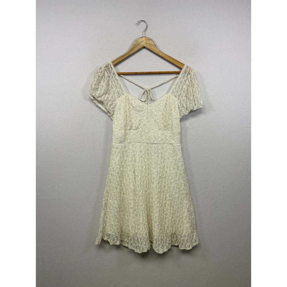 No Boundaries Coquette Women Large Ivory Floral Lace Puff Sleeve Mini Dress